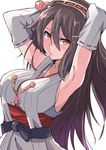  armpits arms_behind_head arms_up bangs bare_shoulders blush breasts detached_sleeves grey_hair hair_ornament hairband hairclip haruna_(kantai_collection) headgear kantai_collection kuromu_(underporno) large_breasts long_hair looking_at_viewer nontraditional_miko red_eyes sideboob simple_background solo upper_body white_background 