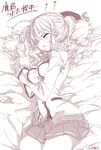  alabaster_(artist) artist_name bed_sheet breasts closed_eyes cowboy_shot curly_hair epaulettes gloves gloves_removed greyscale halftone highres kantai_collection kashima_(kantai_collection) lying medium_breasts military military_uniform monochrome on_side open_mouth pillow skirt sleeping solo twintails uniform 