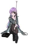  1girl bag black_footwear black_gloves black_legwear black_shirt boots coat collarbone eyepatch fingerless_gloves full_body gloves grey_coat gun handbag holding holding_gun holding_weapon jewelry long_hair long_sleeves mirai_nikki necklace open_clothes open_coat pantyhose pinch_(nesume) purple_eyes purple_hair rifle shiny shiny_clothes shiny_hair shirt simple_background sitting solo uryuu_minene very_long_hair weapon white_background 