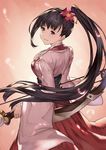  back bangs black_hair bow_(weapon) breasts flower from_behind hakama hand_on_own_chest holding holding_weapon japanese_clothes koutetsujou_no_kabaneri lialight long_hair long_sleeves looking_back medium_breasts obi parted_lips purple_eyes red_hakama sash shade smile solo very_long_hair weapon wide_sleeves yomogawa_ayame 