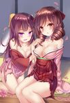  bow breasts brown_eyes brown_hair cleavage collarbone drill_hair fang hair_bow hakama harukaze_(kantai_collection) japanese_clothes kamikaze_(kantai_collection) kantai_collection kimono kneeling large_breasts long_hair long_sleeves looking_at_viewer md5_mismatch multiple_girls no_bra off_shoulder open_mouth petals pink_hakama purple_eyes red_hakama sash shimokirin sitting torn_clothes torn_hakama torn_kimono very_long_hair wide_sleeves 