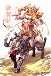  :d aguy blonde_hair copyright_request dark_skin elbow_gloves fan fingerless_gloves gloves hooves horns mecha navel open_mouth orange_eyes riding sheep sheep_girl sheep_horns short_hair smile thighhighs 