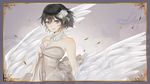  bare_shoulders black_hair blue_eyes detached_collar dress feathers female flower frame gradient gradient_background grey_dress hair_flower hair_ornament hayame_(m_ayame) leaf original smile solo strapless strapless_dress upper_body wings 