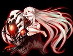  absurdly_long_hair black_background blood bloody_tears breast_press breasts central_hime highres horns kantai_collection large_breasts long_hair looking_at_viewer monster nail_polish nude red_eyes red_nails shinkaisei-kan solo sygnallost tears turret veins very_long_hair white_hair white_skin yellow_pupils 