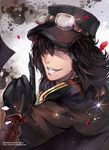  black_hair claws glitter goggles grin hat jacket looking_at_viewer maerel_hibadita male_focus petals portrait red_eyes smile solo 