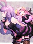  ;d animal_ears bunny_ears chuchu_(show_by_rock!!) drill_hair finger_to_mouth fishnet_legwear fishnets from_side garter_straps horns long_hair moa_(show_by_rock!!) momoshiki_tsubaki multiple_girls one_eye_closed open_mouth pink_eyes pink_hair profile purple_hair ribbon-trimmed_legwear ribbon_trim sheep_ears sheep_horns show_by_rock!! shushing smile thighhighs 