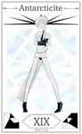  2015 androgynous antarcticite bare_legs belt black_footwear black_gloves black_neckwear border character_name closed_mouth cojimama collared_shirt dated diamond_(symbol) full_body gem_uniform_(houseki_no_kuni) gloves high_heels houseki_no_kuni legs_apart looking_at_viewer necktie pale_skin profile roman_numerals shirt shoes short_hair short_sleeves shorts silver_hair solo standing uniform weapon white_shirt white_shorts 