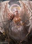  angel angel_wings bound bound_wrists chain chained dress embroidery hair_ornament halo jewelry maerel_hibadita necklace open_mouth reaching_out solo white_dress white_hair wings 