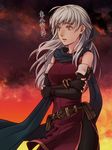  bare_shoulders black_gloves black_legwear blue_scarf crossed_arms dress elbow_gloves fingerless_gloves fire_emblem fire_emblem:_akatsuki_no_megami gloves hair_ribbon half_updo kobashi_(hodohodo) long_hair micaiah orange_background pantyhose ribbon scarf side_slit silver_hair sleeveless sleeveless_dress solo translated twilight yellow_eyes 