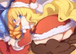  amagi_brilliant_park ass bare_shoulders bent_over black_legwear blonde_hair blue_eyes blush box breasts christmas detached_sleeves dress dutch_angle embarrassed eyebrows_visible_through_hair gift gift_box hair_between_eyes hat highres latifa_fleuranza long_hair looking_back medium_breasts moonhackle nose_blush on_floor open_mouth red_dress santa_costume santa_hat seiza sitting solo star star_print thighhighs wooden_floor 