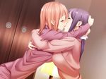  aida_takanobu blush breasts dutch_angle embarrassed eyes_closed game_cg highres hug indoors kiss large_breasts long_hair long_sleeves multiple_girls orange_hair pajamas peko ponytail purple_hair small_breasts sono_hanabira_ni_kuchizuke_wo yuri 