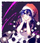  black_dress blue_eyes blue_hair doremy_sweet dress hands_on_own_cheeks hands_on_own_face hat hug_(yourhug) looking_at_viewer multicolored multicolored_clothes multicolored_dress nightcap pom_pom_(clothes) solo touhou white_dress 