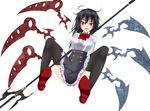  alternate_costume asymmetrical_hair asymmetrical_wings black_hair black_legwear black_skirt bow bowtie breasts dress_shirt gmot houjuu_nue large_breasts long_sleeves meme_attire open_mouth polearm red_eyes shirt skirt solo spread_legs thighhighs touhou trident underbust virgin_killer_outfit weapon white_background wings 