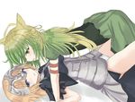  animal_ears armor atalanta_(fate) blonde_hair blue_eyes cat_ears fate/apocrypha fate_(series) girl_on_top green_eyes green_hair headpiece jeanne_d'arc_(fate) jeanne_d'arc_(fate)_(all) kesoshirou long_hair looking_at_another looking_away lying multiple_girls no_pants on_back open_mouth panties simple_background skirt underwear white_background white_panties yuri 