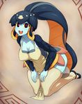  :d apron bangs blue_skin blunt_bangs breasts collarbone fins fish_girl hair_ornament highres jadf kneeling large_breasts leaning_forward looking_at_viewer mary_janes minette_(skullgirls) monster_girl open_mouth pink_eyes scales shell shoes skullgirls smile solo teeth thighhighs thighs yellow_sclera 