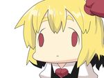  bangs black_vest blonde_hair chibi commentary_request dress face_of_the_people_who_sank_all_their_money_into_the_fx goma_(gomasamune) hair_ribbon necktie red_eyes ribbon rumia shirt short_hair solo touhou upper_body vest white_background white_shirt 