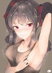  absurdres arm_up armpits arms_up bad_id bad_pixiv_id bad_proportions bangs blush breasts brown_background cleavage closed_mouth drill_hair eyebrows eyebrows_visible_through_hair eyelashes hair_ribbon highres hplay idolmaster idolmaster_cinderella_girls kanzaki_ranko large_breasts long_hair looking_to_the_side red_eyes red_ribbon ribbon shiny shiny_skin sideboob sidelocks silver_hair simple_background solo sweat tank_top twin_drills twintails upper_body wet wet_hair 
