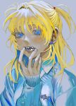  1girl absurdres bangs blonde_hair blue_eyes blue_sweater collared_shirt earrings face grey_background hand_up hands highres ineuoy jewelry long_hair looking_at_viewer original sharp_teeth shirt simple_background sleeves_past_wrists solo sweater teeth white_shirt 