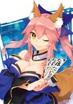  ;) agsen animal_ears bare_shoulders between_fingers blue_bow blue_dress bow breasts brown_eyes card cleavage closed_mouth collar detached_collar detached_sleeves dress eyebrows eyebrows_visible_through_hair fate/extra fate_(series) fox_ears fox_tail hair_between_eyes hair_bow head_tilt holding holding_card large_breasts long_hair long_sleeves looking_at_viewer one_eye_closed pink_hair sidelocks smile solo strapless strapless_dress tail tamamo_(fate)_(all) tamamo_no_mae_(fate) thick_eyebrows twintails upper_body 
