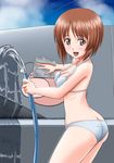  ass bikini blush breasts brown_eyes brown_hair car_wash girls_und_panzer nishizumi_miho short_hair small_breasts solo swimsuit tank 