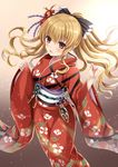  blonde_hair blush bow brown_eyes floating_hair flower furisode granblue_fantasy hair_bow hair_flower hair_ornament harimoji highres japanese_clothes kimono long_hair obi open_mouth ponytail sash solo vira_lilie wide_sleeves 