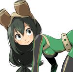  3: absurdres all_fours arched_back asui_tsuyu bangs belt black_hair blush bodysuit boku_no_hero_academia breasts closed_mouth enami_katsumi eyelashes from_side goggles goggles_on_head green_bodysuit green_eyes hair_between_eyes highres long_hair looking_at_viewer looking_to_the_side loose_belt low-tied_long_hair simple_background small_breasts solo studded_belt very_long_hair white_background 
