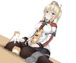 absurdres anchor_symbol animal animal_on_head animal_on_lap bangs between_legs black_legwear blonde_hair blue_eyes blush breasts capelet cat cat_on_head cat_on_lap celtic_knot collared_shirt dutch_angle eyebrows eyebrows_visible_through_hair graf_zeppelin_(kantai_collection) highres iron_cross kantai_collection long_sleeves medium_breasts moyoron necktie on_head pantyhose pleated_skirt shirt sitting skirt sweat sweatdrop twintails wariza white_shirt 