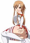  armor ass ass_grab asuna_(sao) bare_shoulders blush breastplate brown_eyes brown_hair deep_skin detached_sleeves half_updo long_hair looking_at_viewer lying open_mouth panties red_skirt skirt solo sword_art_online thighhighs upskirt xihone 