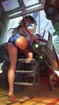  artist_request ass barefoot brown_hair d.va_(overwatch) facial_mark feet fingerless_gloves food goggles headphones ice_cream ladder legs li_chunfu long_hair mecha mouth_hold overwatch popsicle robot shoes_removed short_shorts single_shoe soles toes underboob wrench 