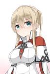  absurdres anchor_symbol bad_id bad_pixiv_id blonde_hair blue_eyes blush breasts capelet celtic_knot collared_shirt graf_zeppelin_(kantai_collection) highres iron_cross kantai_collection large_breasts looking_at_viewer moyoron necktie shirt solo twintails upper_body white_shirt 