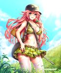  2016 :d artist_name bare_arms bare_shoulders baseball_cap behind_back belt_buckle black_hat blue_eyes blue_sky bra breasts buckle camouflage camouflage_bra camouflage_skirt cleavage cloud collarbone day field food grass groin gun hand_on_hip hat holding holding_food ice_cream large_breasts ling_(doraling12) long_hair looking_at_viewer midriff miniskirt navel open_mouth original outdoors over_shoulder parted_lips pink_hair plant popsicle rifle shiny shiny_skin shoulder_belt skirt sky sling smile solo stomach sunlight thighhighs underwear very_long_hair weapon white_legwear zettai_ryouiki 