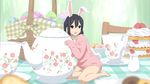  absurdres animal_ears barefoot basket black_hair blurry brown_eyes bunny_ears bunny_tail cake chromatic_aberration creamer_(vessel) cup depth_of_field easter easter_egg egg fake_animal_ears food gingham highres k-on! kemonomimi_mode leaning_forward long_hair long_sleeves looking_at_viewer minigirl nakano_azusa naked_sweater oku_no_shi on_table open_mouth oversized_object pink_sweater saucer sitting sleeves_past_wrists solo strawberry_shortcake sweater table tablecloth tail tea_set teacup teapot twintails yokozuwari 