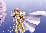  aries_gateguard armor bug butterfly cape cherry_blossoms fingerless_gloves gauntlets gloves gold_armor gold_saint insect male_focus moon petals red_hair saint_seiya saint_seiya:_the_lost_canvas solo tree yuuko_(siro-qube) 