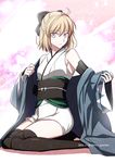  2015 ahoge arm_warmers artist_name bare_shoulders barefoot black_bow black_legwear blonde_hair bow closed_mouth dated expressionless eyebrows eyebrows_visible_through_hair fate_(series) full_body hair_between_eyes hair_bow japanese_clothes kimono koha-ace long_sleeves looking_at_viewer nina_(pastime) okita_souji_(fate) okita_souji_(fate)_(all) purple_eyes sash short_hair short_kimono sitting sleeveless sleeveless_kimono solo thighhighs toeless_legwear undressing wariza wide_sleeves yellow_eyes zettai_ryouiki 