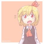  absurdres ascot blonde_hair bow fang hair_bow highres looking_at_viewer open_mouth red_bow red_eyes ribbon rumia shirt short_hair simple_background solo suama_unagi touhou vest white_shirt 