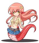  belt blush breasts chibi cleavage fang hair_ornament hairclip lamia large_breasts long_hair looking_at_viewer miia_(monster_musume) monster_girl monster_musume_no_iru_nichijou navel oborogumo_takamitsu pointy_ears red_hair scales shirt skirt slit_pupils smile solo tied_shirt yellow_eyes 