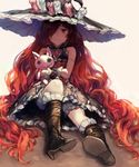  anna_(granblue_fantasy) armlet bare_shoulders bloomers boots candle dress frills full_body granblue_fantasy hair_over_one_eye hat long_hair looking_at_viewer red_hair sha_(isago) sitting solo stuffed_animal stuffed_cat stuffed_toy underwear very_long_hair wavy_hair witch_hat yellow_eyes 