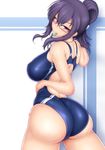  ass bare_shoulders breasts competition_swimsuit glasses highres huge_ass large_breasts one-piece_swimsuit ponpo purple_eyes purple_hair senran_kagura senran_kagura_burst solo suzune_(senran_kagura) sweat swimsuit thick_thighs thighs whistle wide_hips 