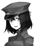  :d akitsu_maru_(kantai_collection) angelo_(gomahangetsu) black_eyes black_hair hat kantai_collection looking_at_viewer military military_uniform open_mouth peaked_cap ribbon short_hair simple_background smile solo uniform upper_body white_background 