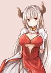  alicia_(granblue_fantasy) baram breasts center_opening cleavage draph dress earrings gloves granblue_fantasy horns jewelry large_breasts long_hair pointy_ears red_dress red_eyes silver_hair simple_background sketch smile solo white_gloves 