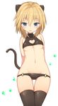  :d animal_ears arms_behind_back ass_visible_through_thighs bare_shoulders black_legwear black_panties blonde_hair blue_eyes blush breasts cat_ears cat_tail fang groin hair_between_eyes heart_cutout highres looking_at_viewer navel o-ring o-ring_bottom open_mouth original panties paw_print ruiten simple_background small_breasts smile solo standing tail thigh_gap thighhighs underboob underwear white_background 