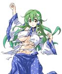  :o blue_skirt breasts detached_sleeves frog_hair_ornament green_hair hair_ornament hair_tubes hirowa_nagi kochiya_sanae large_breasts long_hair looking_at_viewer navel shirt simple_background skirt snake_hair_ornament solo sweatdrop torn_clothes torn_shirt touhou underboob white_background white_shirt wide_sleeves yellow_eyes 