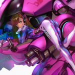  arched_back ass bodysuit breasts brown_hair d.va_(overwatch) facial_mark headgear highres long_hair mecha meka_(overwatch) overwatch pilot_suit shimoguchi_tomohiro skindentation small_breasts smile solo standing standing_on_one_leg whisker_markings 