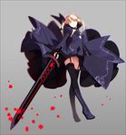  ahoge artoria_pendragon_(all) black_legwear blonde_hair boots braid choker cross-laced_footwear dark_excalibur detached_sleeves fate/stay_night fate/unlimited_codes fate_(series) french_braid garter_straps gothic_lolita hakusai_(tiahszld) highres lace-up_boots lolita_fashion looking_at_viewer saber_alter skirt solo sword thighhighs upskirt weapon yellow_eyes 