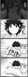  1boy 1girl 4koma assertive bare_shoulders bed bed_sheet blanket blush breasts cleavage collarbone comic dreaming emphasis_lines frown girl_on_top gotoba_sora greyscale innocent_red long_sleeves lying monochrome nude on_back on_bed out-of-frame_censoring pajamas pillow sanada_tatsuki small_breasts spoken_ellipsis surprised sweatdrop under_covers upper_body waking_up watarui wet_dream 