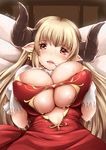  akatsuki_akane alicia_(granblue_fantasy) bangs blonde_hair breasts cleavage cleavage_cutout cross cross_earrings draph dress dripping earrings eyebrows eyebrows_visible_through_hair finger_to_mouth gloves granblue_fantasy hands_on_own_chest highres horns huge_breasts jewelry long_hair looking_at_viewer lying on_back open_mouth parted_lips pink_lips pointy_ears red_dress saliva solo sweat underboob underboob_cutout upper_body white_gloves 