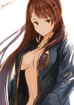  absurdres beatrix_(granblue_fantasy) blush breasts brown_eyes brown_hair cleavage granblue_fantasy hands_in_pockets highres large_breasts long_hair looking_at_viewer navel no_bra open_clothes open_mouth open_shirt shirt solo yatsuka_(846) 