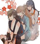  2am2 2boys alternate_costume alternate_hairstyle barefoot blue_hair blush brown_hair closed_eyes fire_emblem fire_emblem_if flower grey_hair hinata_(fire_emblem_if) japanese_clothes kimono long_hair multiple_boys oboro_(fire_emblem_if) open_mouth orange_eyes ponytail sitting takumi_(fire_emblem_if) white_background 