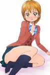  blazer blue_skirt blush brown_eyes brown_hair brown_jacket embarrassed futari_wa_precure jacket looking_at_viewer manji_(tenketsu) misumi_nagisa plaid plaid_skirt precure school_uniform short_hair skirt socks solo verone_gakuin_school_uniform 