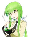  anmitsu_(dessert) ashford_academy_uniform bangs blazer bow bowl c.c. code_geass commentary eating eyebrows eyebrows_visible_through_hair food green_hair hair_bow highres jacket long_hair low_twintails mattari_yufi necktie school_uniform smile solo spoon spoon_in_mouth translated twintails yellow_eyes 